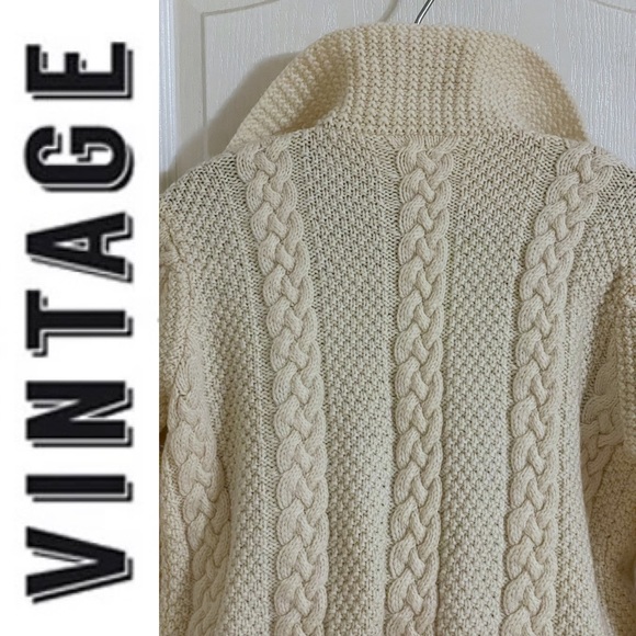 Hand knit Fishermen cable knit cream button-down cardigan chunky sweater - Picture 13 of 16